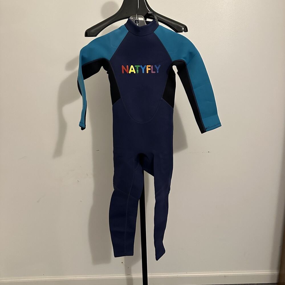 Natyfly Kids Wetsuit-XL-Black W/ Blue Trim-Back Zipper-Neoprene W/ Nylon-Nic